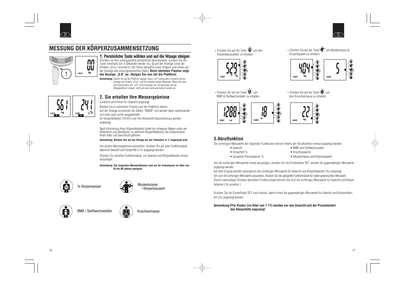 Messung der körperzusammensetzung, Sie erhalten ihre messergebnisse, Abruffunktion | Tanita InnerScan Body Composition Monitor BC-540 User Manual | Page 7 / 23