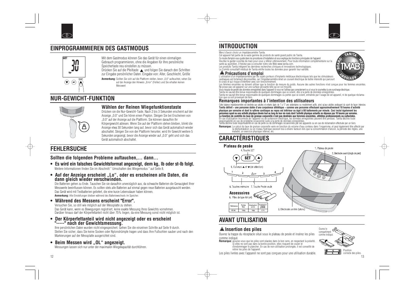 Rec all guest, Introduction, Caractéristiques | Avant utilisation, Fehlersuche | Tanita InnerScan Body Composition Monitor BC-540 User Manual | Page 8 / 23