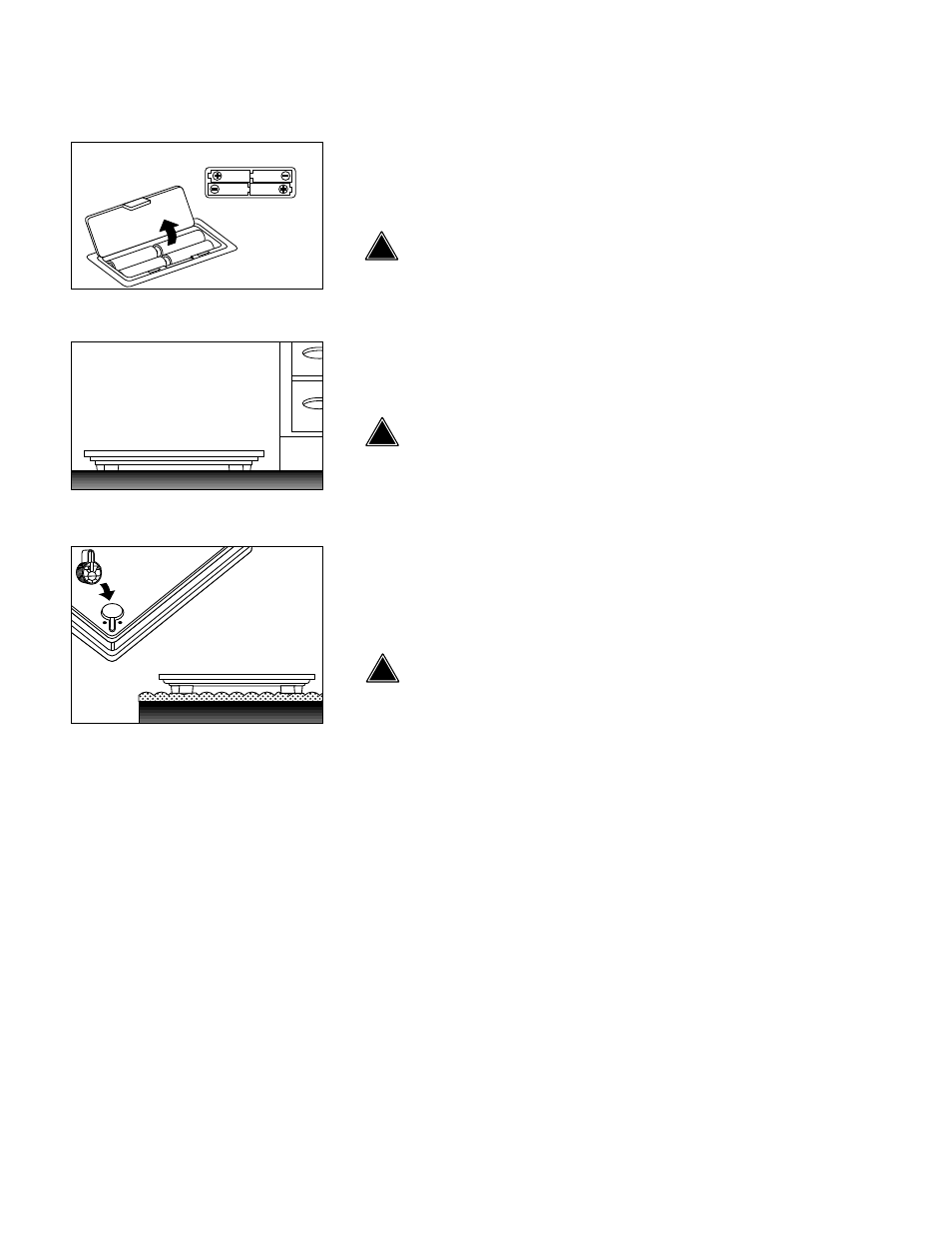Preparations before use, Inserting the batteries, Positioning the measuring platform | Attaching the support feet (carpet use only), Handling tips | Tanita TBF-560 User Manual | Page 8 / 23