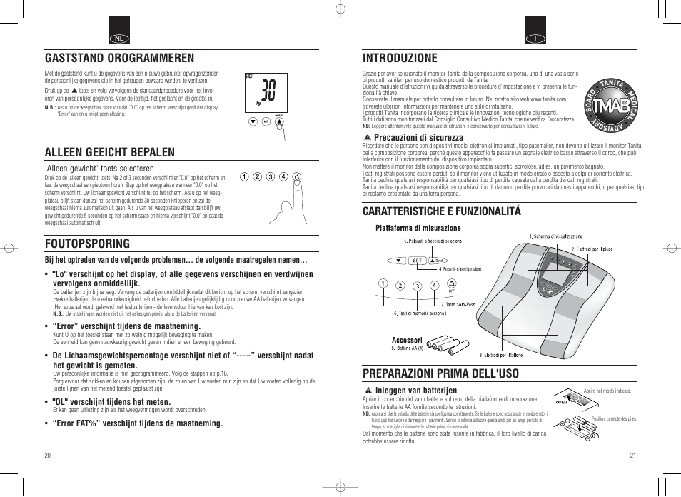 Introduzione, Preparazioni prima dell'uso, Gaststand orogrammeren alleen geeicht bepalen | Foutopsporing, Caratteristiche e funzionalitá | Tanita Inner Scan Body Composition Monitor BC-536 User Manual | Page 12 / 19