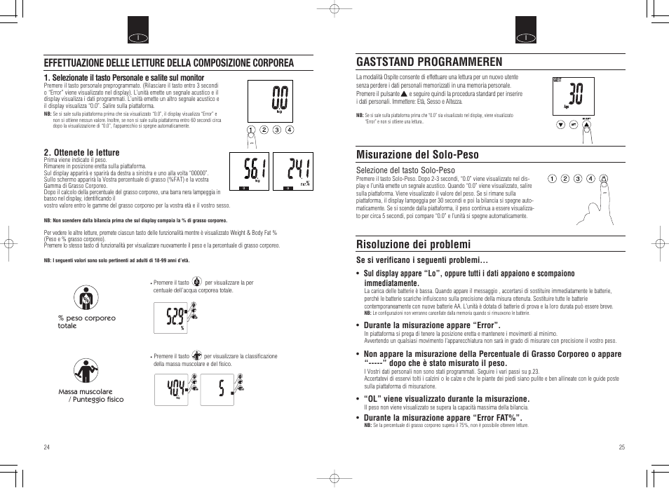 Gaststand programmeren, Misurazione del solo-peso, Risoluzione dei problemi | Tanita Inner Scan Body Composition Monitor BC-536 User Manual | Page 14 / 19