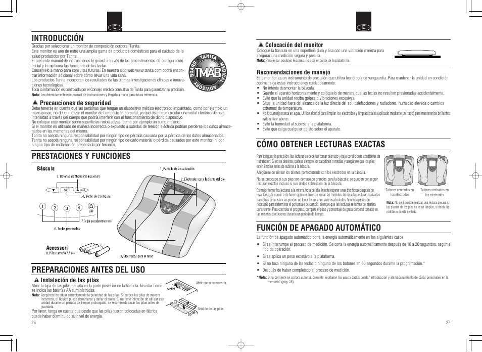 Cómo obtener lecturas exactas, Función de apagado automático, Preparaciones antes del uso | Introducción, Prestaciones y funciones | Tanita Inner Scan Body Composition Monitor BC-536 User Manual | Page 15 / 19