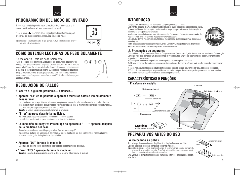 Preparativos antes do uso, Resolución de fallos, Introdução | Características e funções | Tanita Inner Scan Body Composition Monitor BC-536 User Manual | Page 17 / 19