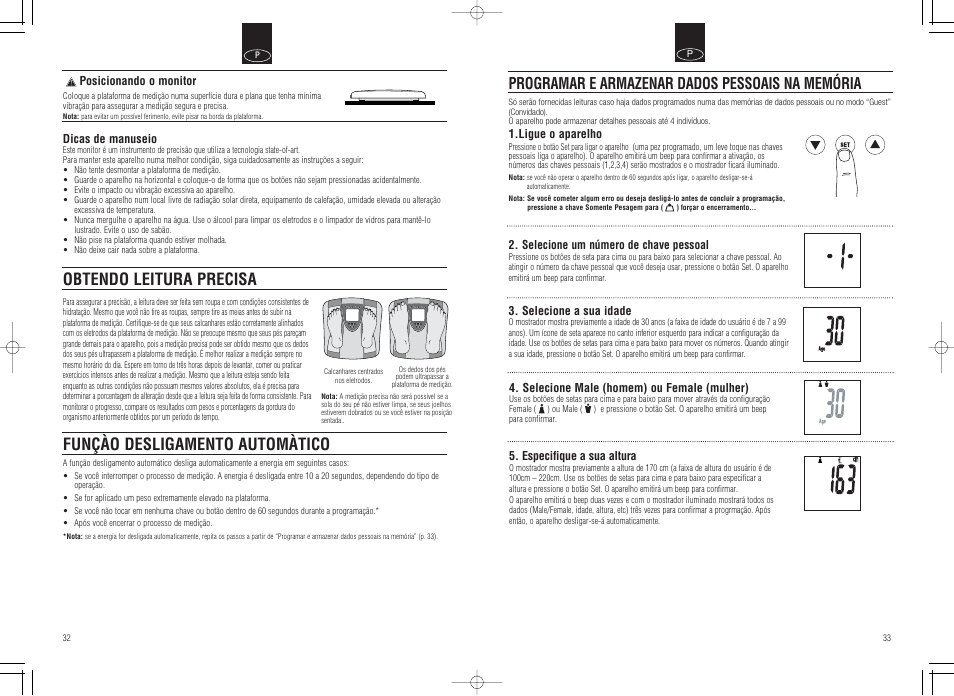 Obtendo leitura precisa, Funçào desligamento automàtico, Programar e armazenar dados pessoais na memória | Tanita Inner Scan Body Composition Monitor BC-536 User Manual | Page 18 / 19