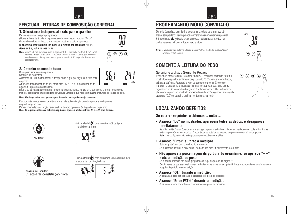 Localizando defeitos, Efectuar leituras de composição corporal | Tanita Inner Scan Body Composition Monitor BC-536 User Manual | Page 19 / 19