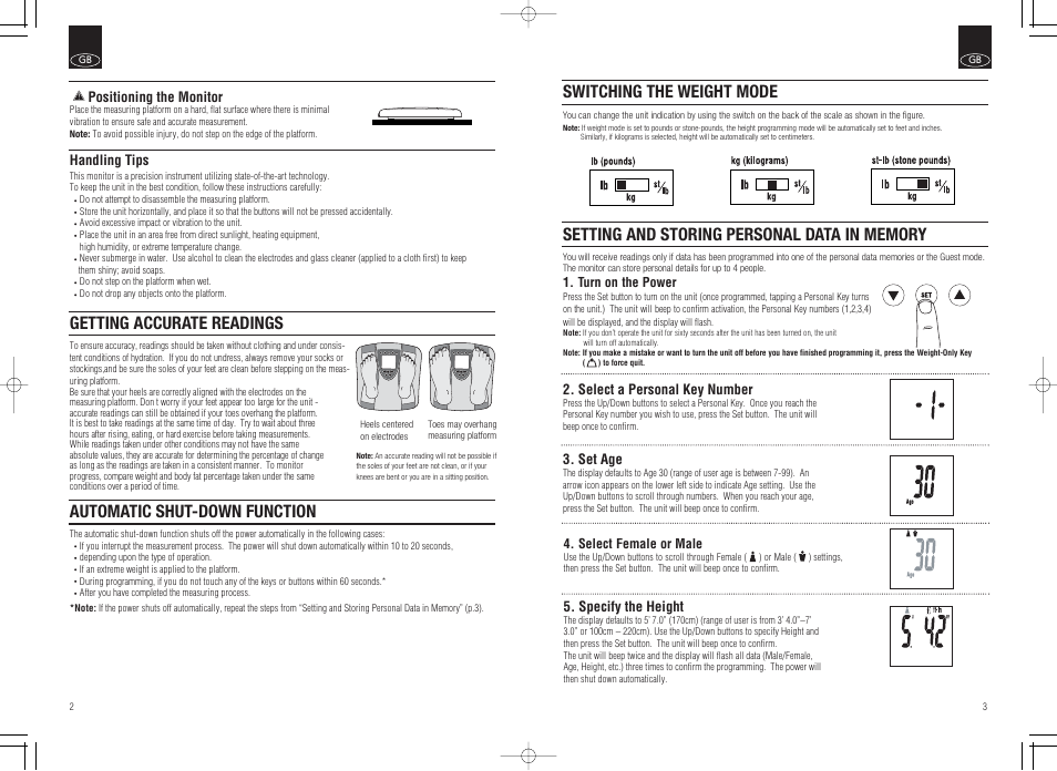 Getting accurate readings, Automatic shut-down function, Switching the weight mode | Tanita Inner Scan Body Composition Monitor BC-536 User Manual | Page 3 / 19