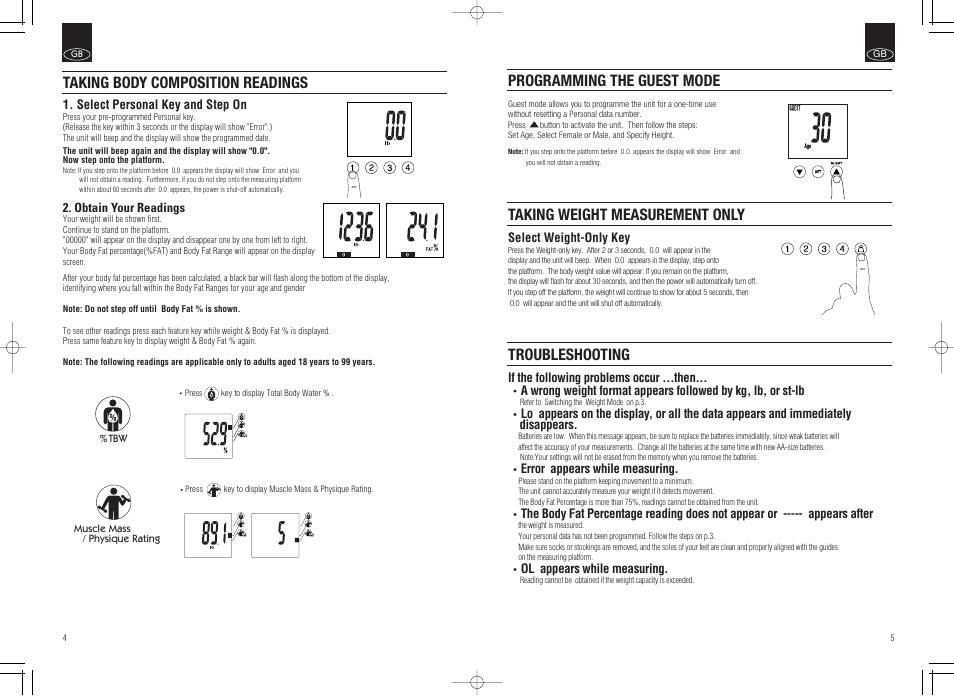 Troubleshooting, Taking body composition readings | Tanita Inner Scan Body Composition Monitor BC-536 User Manual | Page 4 / 19