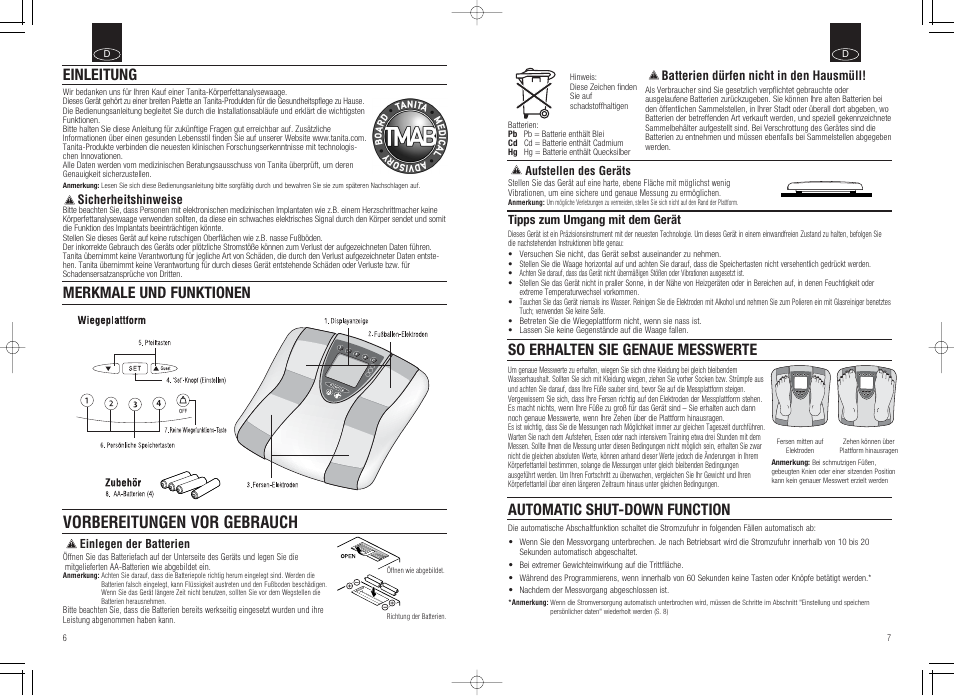 Vorbereitungen vor gebrauch, So erhalten sie genaue messwerte, Automatic shut-down function | Einleitung, Merkmale und funktionen | Tanita Inner Scan Body Composition Monitor BC-536 User Manual | Page 5 / 19