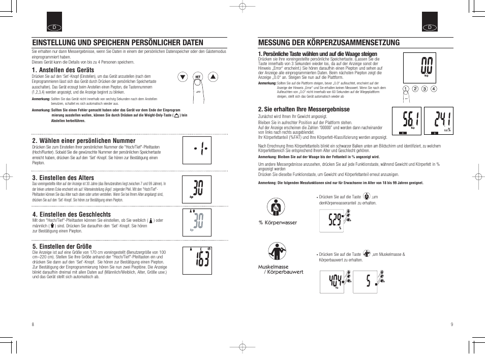 Messung der körperzusammensetzung, Einstellung und speichern persönlicher daten | Tanita Inner Scan Body Composition Monitor BC-536 User Manual | Page 6 / 19