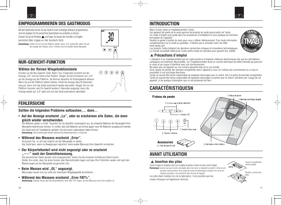 Introduction, Caractéristiques, Navant utilisation | Fehlersuche | Tanita Inner Scan Body Composition Monitor BC-536 User Manual | Page 7 / 19