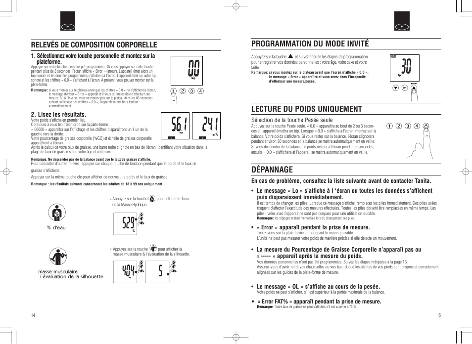 Dépannage, Relevés de composition corporelle | Tanita Inner Scan Body Composition Monitor BC-536 User Manual | Page 9 / 19