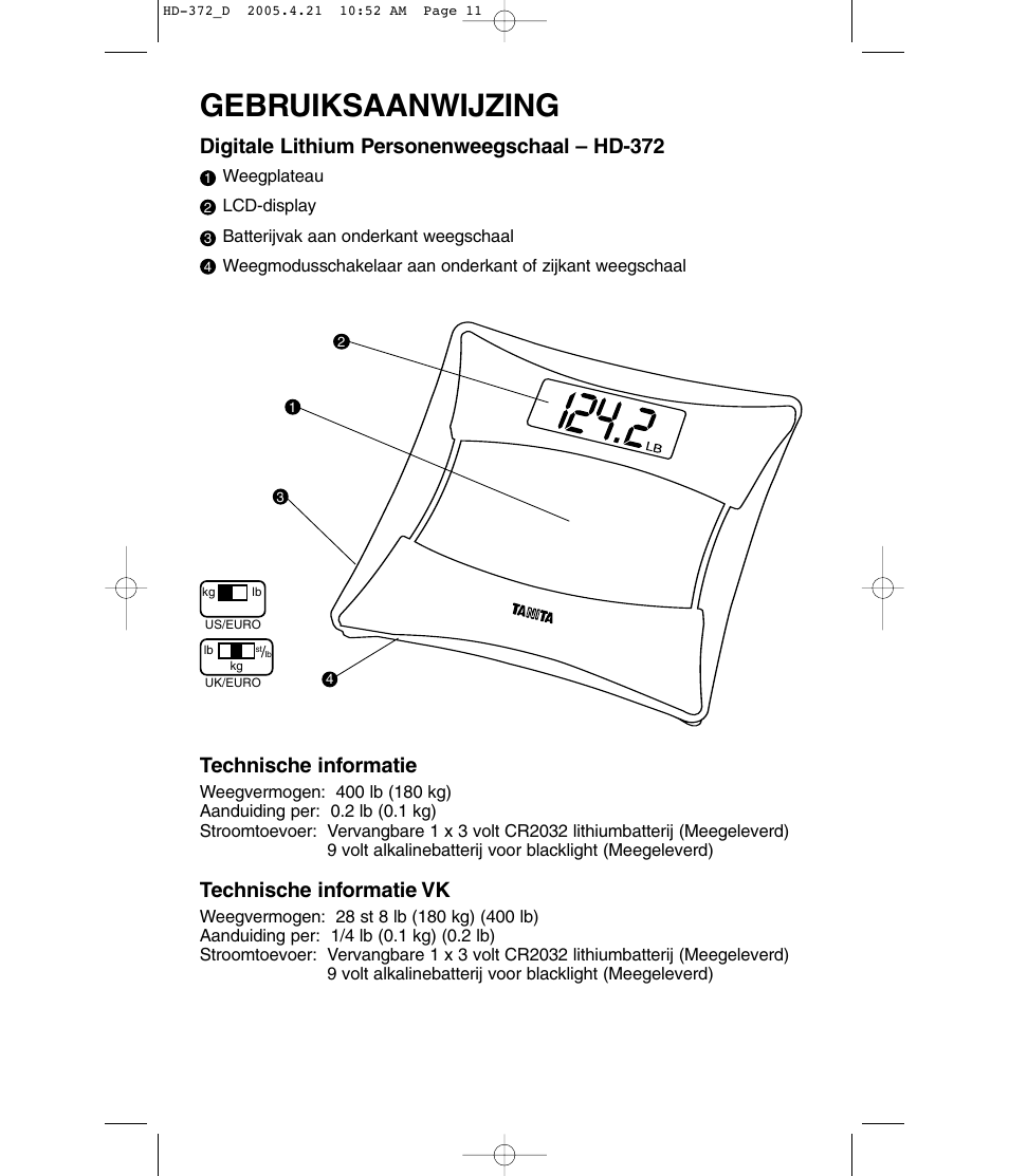 Gebruiksaanwijzing, Digitale lithium personenweegschaal – hd-372, Technische informatie | Technische informatie vk | Tanita HD-372F User Manual | Page 11 / 24