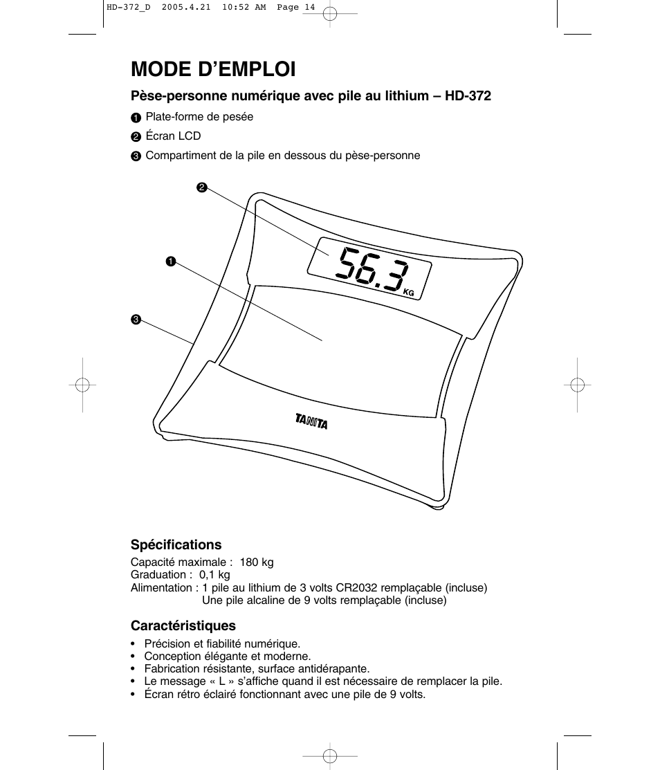 Mode d’emploi | Tanita HD-372F User Manual | Page 14 / 24