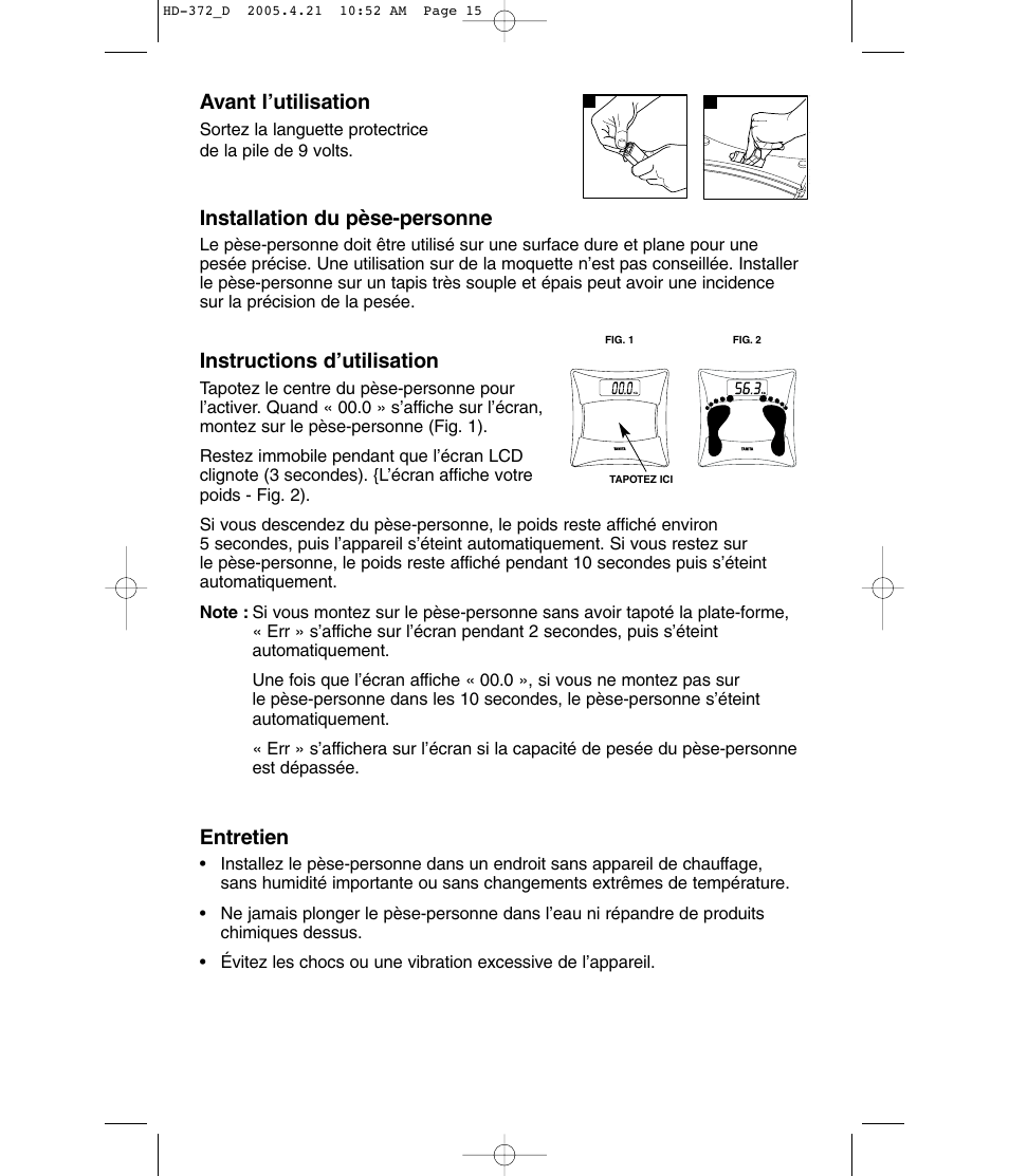 Avant l’utilisation, Installation du pèse-personne, Instructions d’utilisation | Entretien | Tanita HD-372F User Manual | Page 15 / 24