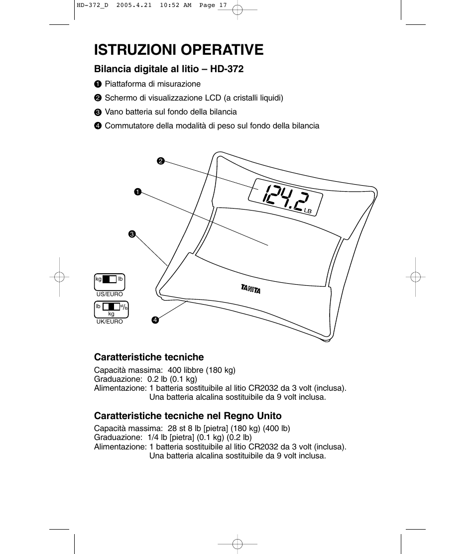 Istruzioni operative, Bilancia digitale al litio – hd-372, Caratteristiche tecniche | Caratteristiche tecniche nel regno unito | Tanita HD-372F User Manual | Page 17 / 24