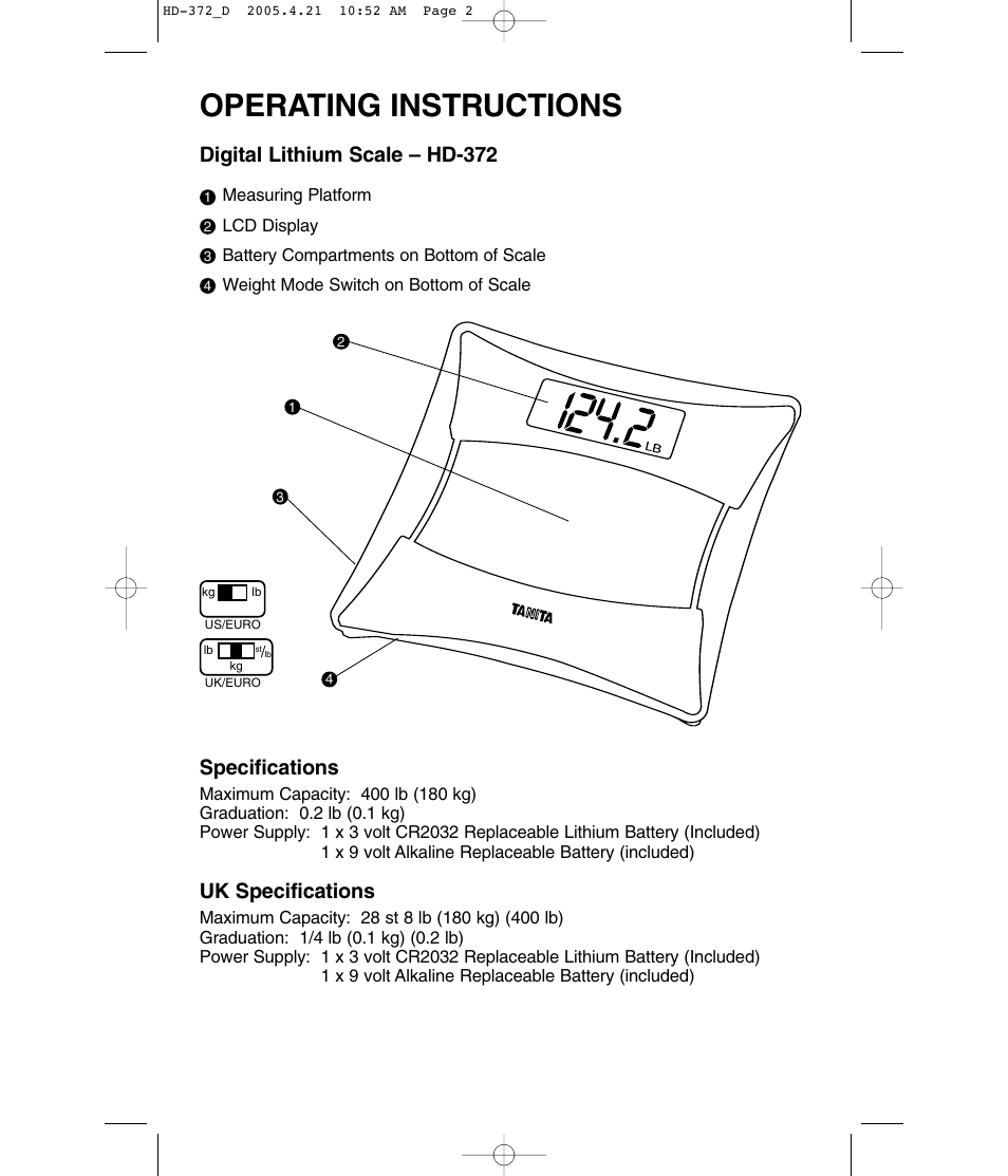 Operating instructions, Digital lithium scale – hd-372, Specifications | Uk specifications | Tanita HD-372F User Manual | Page 2 / 24