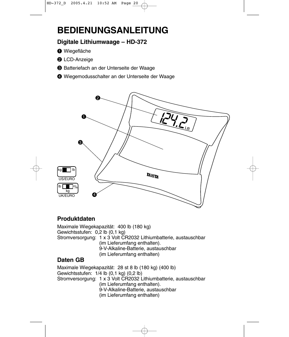 Bedienungsanleitung, Digitale lithiumwaage – hd-372, Produktdaten | Daten gb | Tanita HD-372F User Manual | Page 20 / 24