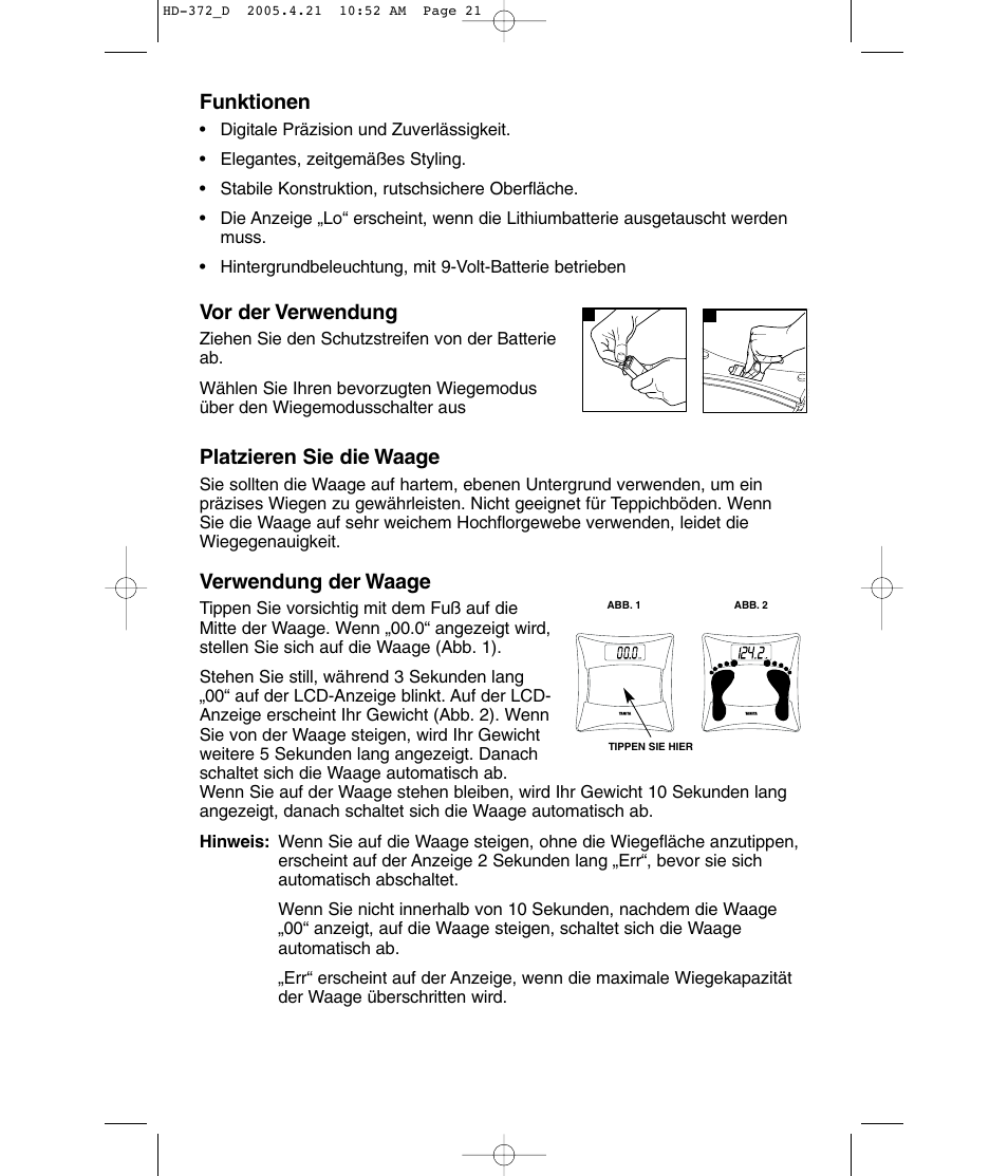 Funktionen, Vor der verwendung, Platzieren sie die waage | Verwendung der waage | Tanita HD-372F User Manual | Page 21 / 24