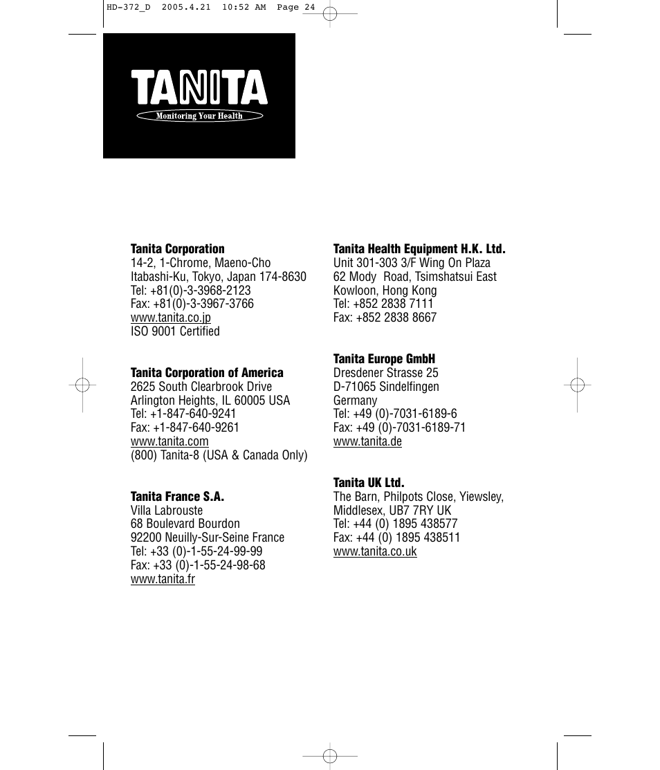 Tanita HD-372F User Manual | Page 24 / 24