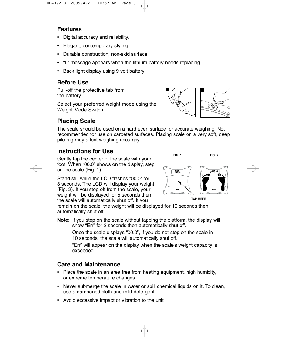 Features, Before use, Placing scale | Instructions for use, Care and maintenance | Tanita HD-372F User Manual | Page 3 / 24