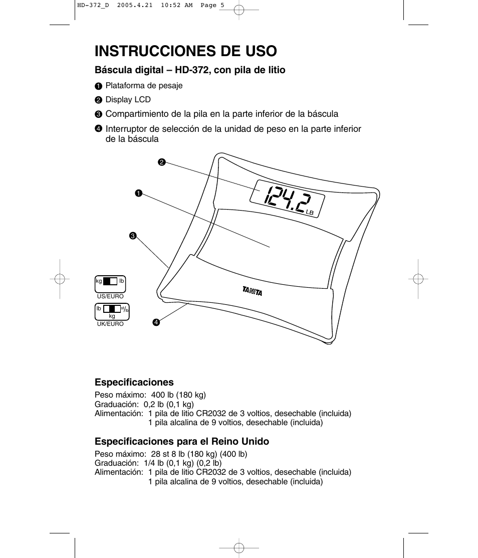 Instrucciones de uso, Báscula digital – hd-372, con pila de litio, Especificaciones | Especificaciones para el reino unido | Tanita HD-372F User Manual | Page 5 / 24