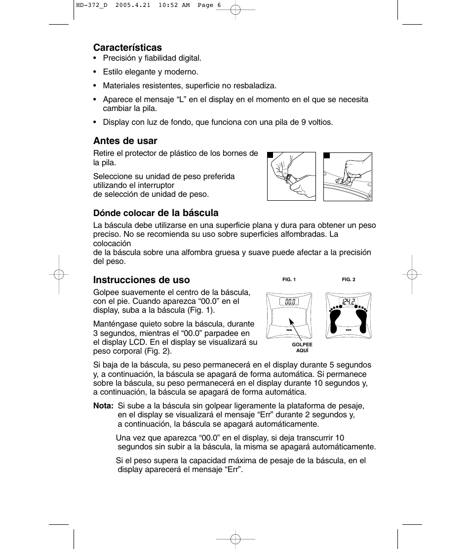 Características, Antes de usar, De la báscula | Instrucciones de uso | Tanita HD-372F User Manual | Page 6 / 24