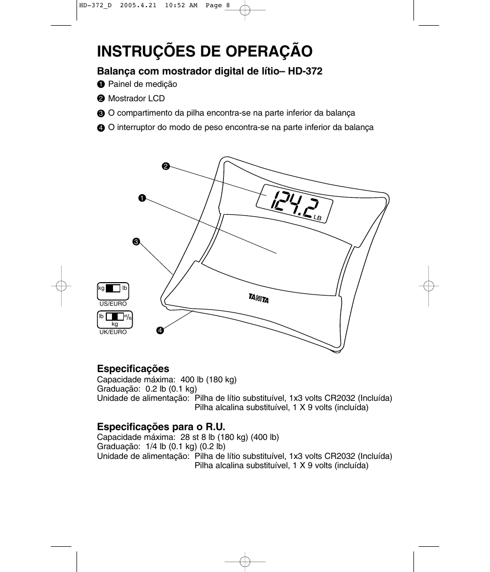 Instruções de operação, Balança com mostrador digital de lítio– hd-372, Especificações | Especificações para o r.u | Tanita HD-372F User Manual | Page 8 / 24