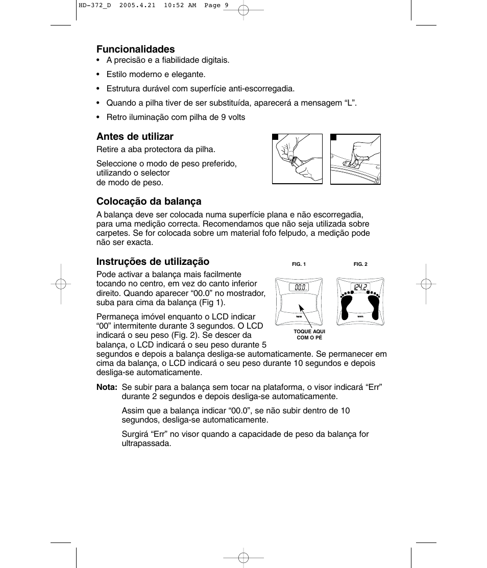 Funcionalidades, Antes de utilizar, Colocação da balança | Instruções de utilização | Tanita HD-372F User Manual | Page 9 / 24