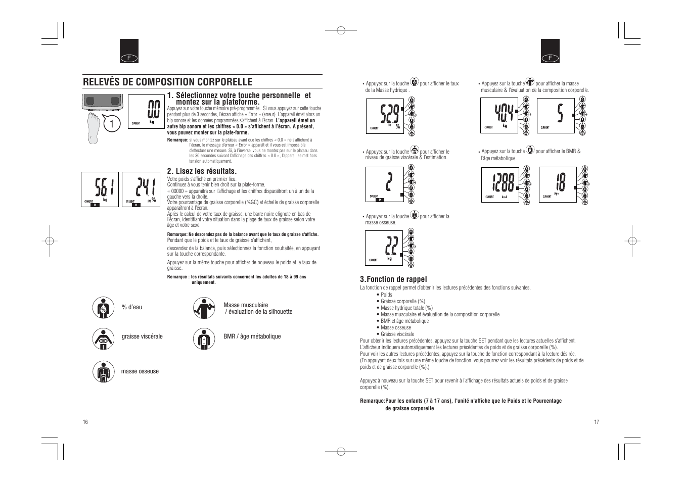 Relevés de composition corporelle | Tanita BC-541 User Manual | Page 10 / 23