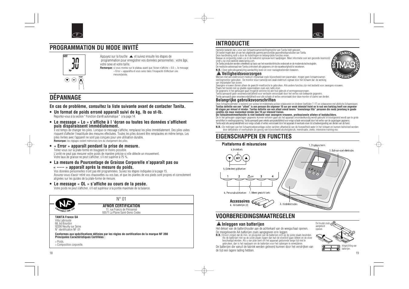Dépannage, Introductie, Programmation du mode invité | Tanita BC-541 User Manual | Page 11 / 23