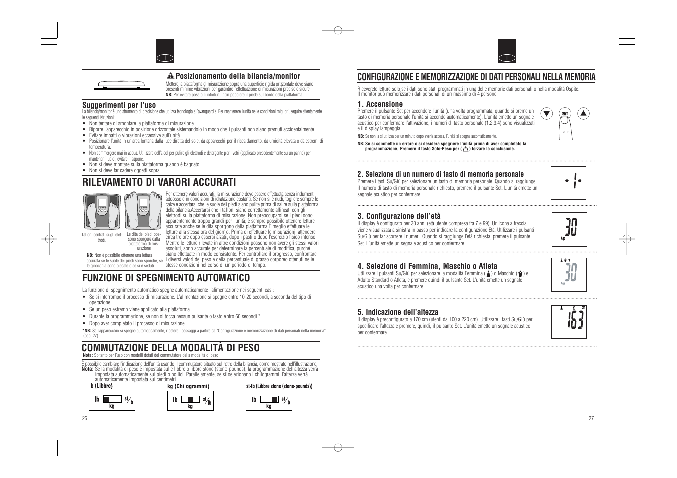 Rilevamento di varori accurati, Funzione di spegnimento automatico, Commutazione della modalità di peso | Tanita BC-541 User Manual | Page 15 / 23