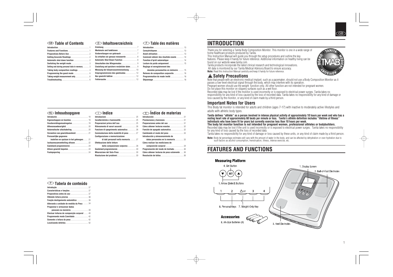 Introduction features and functions, Safety precautions | Tanita BC-541 User Manual | Page 2 / 23