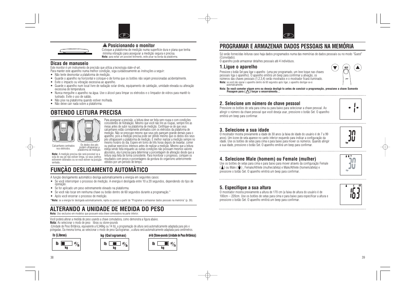 Programar e armazenar dados pessoais na memória, Obtendo leitura precisa, Funçào desligamento automàtico | Alterando a unidade de medida do peso | Tanita BC-541 User Manual | Page 21 / 23