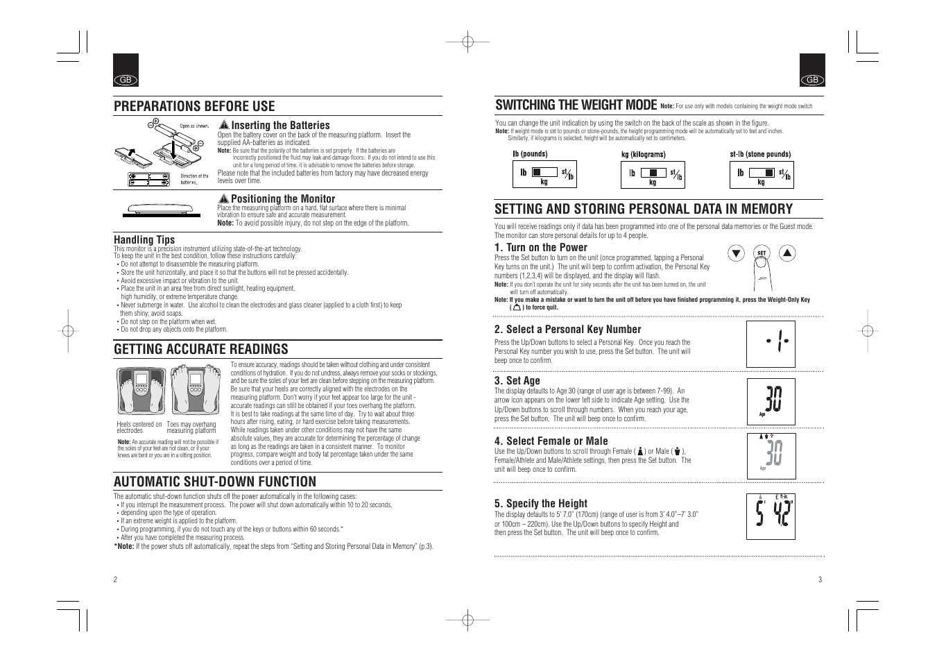 Getting accurate readings, Automatic shut-down function, Switching the weight mode | Preparations before use | Tanita BC-541 User Manual | Page 3 / 23