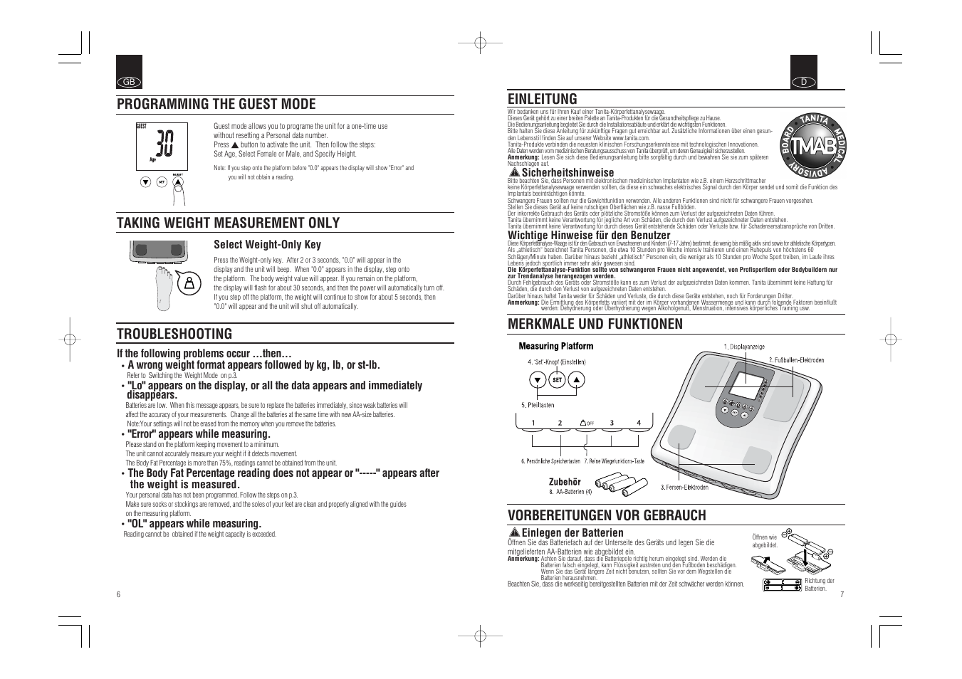 Einleitung, Troubleshooting | Tanita BC-541 User Manual | Page 5 / 23