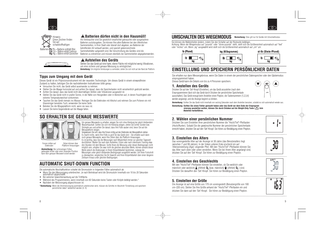 Einstellung und speichern persönlicher daten, So erhalten sie genaue messwerte, Automatic shut-down function | Umschalten des wiegemodus | Tanita BC-541 User Manual | Page 6 / 23