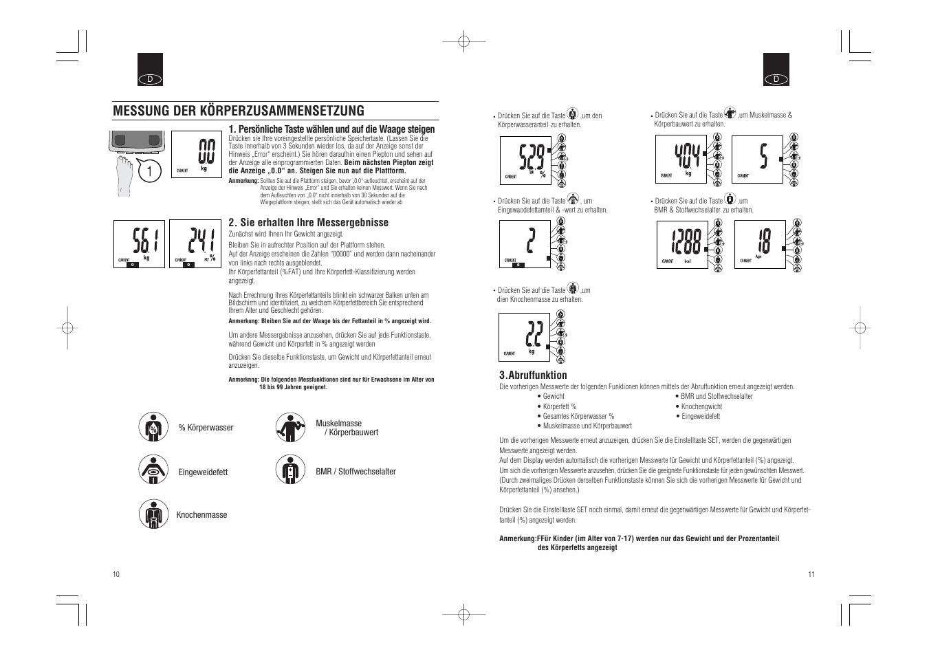 Messung der körperzusammensetzung, Sie erhalten ihre messergebnisse, Abruffunktion | Tanita BC-541 User Manual | Page 7 / 23