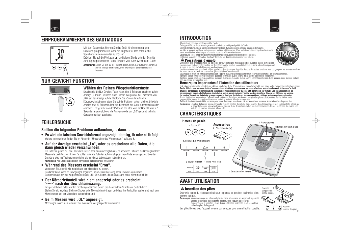 Introduction, Caractéristiques avant utilisation, Fehlersuche | Tanita BC-541 User Manual | Page 8 / 23