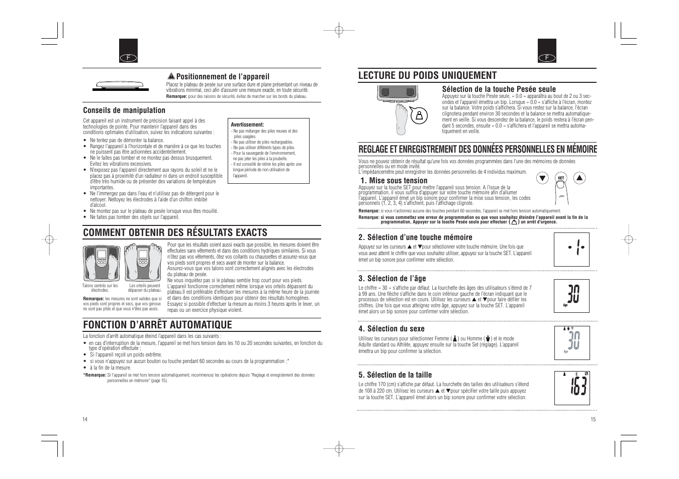 Fonction d’arr, T automatique, Comment obtenir des résultats exacts | Lecture du poids uniquement | Tanita BC-541 User Manual | Page 9 / 23
