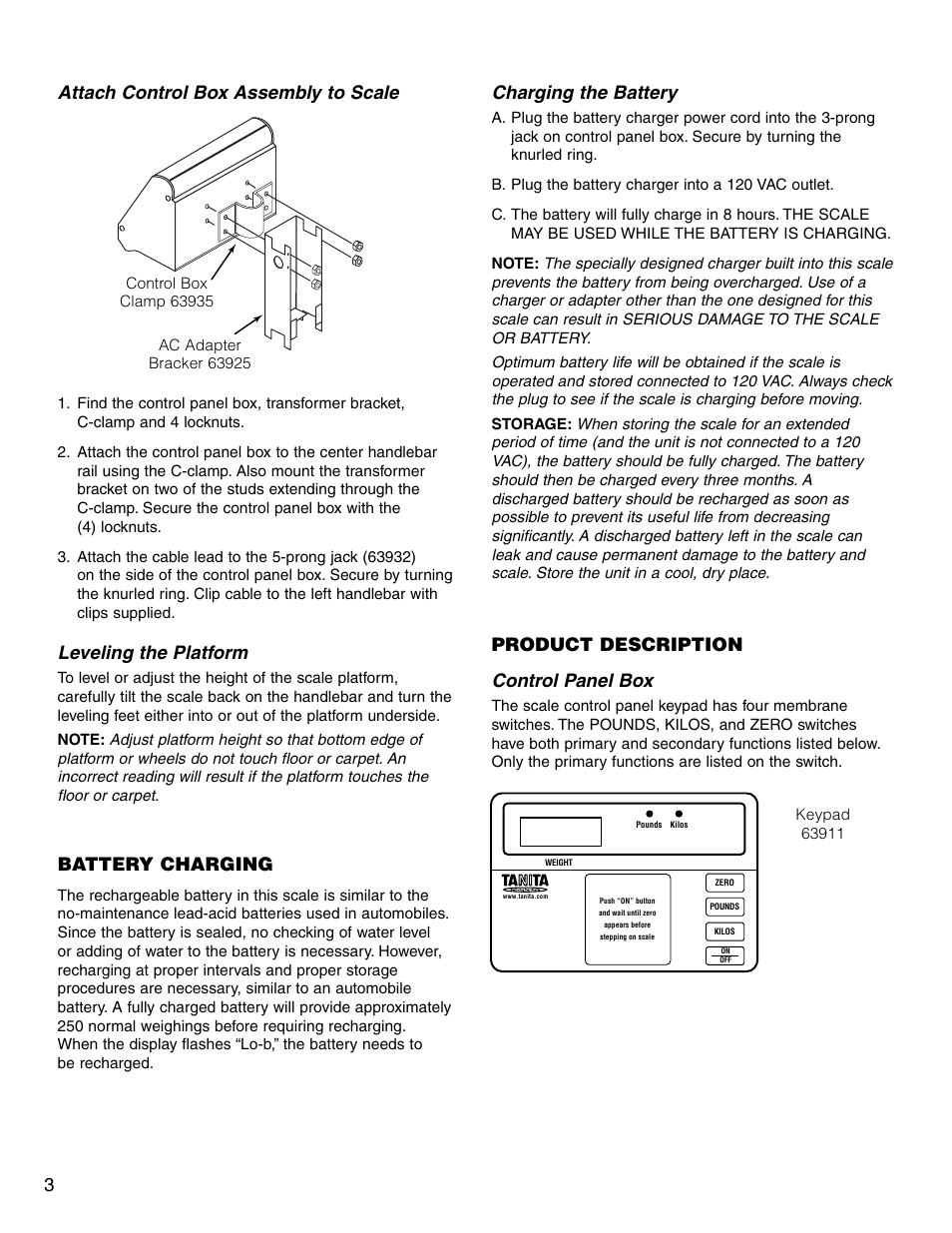 Attach control box assembly to scale, Leveling the platform, Battery charging | Charging the battery, Product description control panel box | Tanita 3500 User Manual | Page 4 / 8