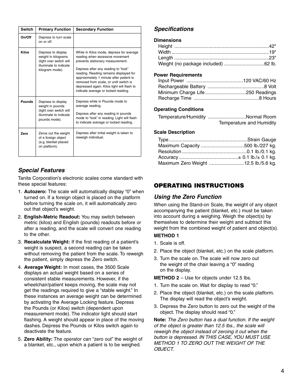 Special features, Specifications, Operating instructions using the zero function | Tanita 3500 User Manual | Page 5 / 8