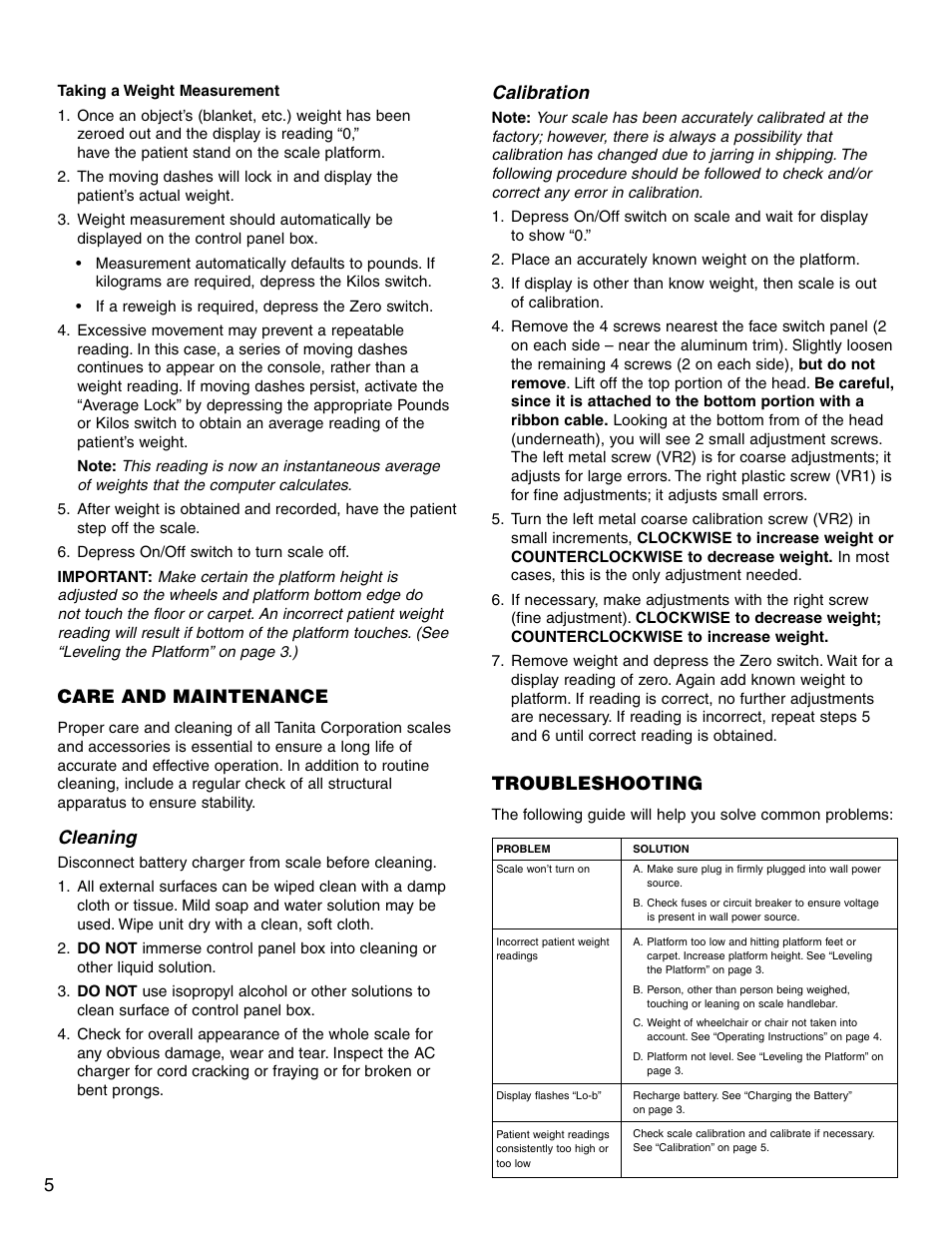 Calibration, Troubleshooting, Care and maintenance | Cleaning | Tanita 3500 User Manual | Page 6 / 8