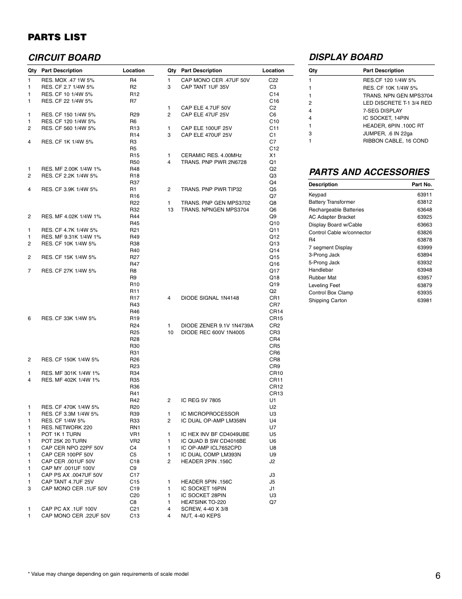 Parts list circuit board, Display board parts and accessories 6 | Tanita 3500 User Manual | Page 7 / 8