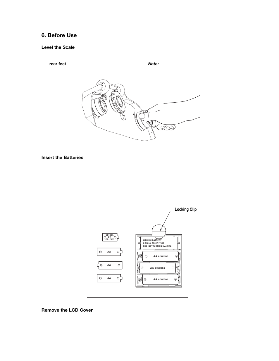 Before use, Level the scale, Insert the batteries | Remove the lcd cover | Tanita WB-300 User Manual | Page 6 / 14