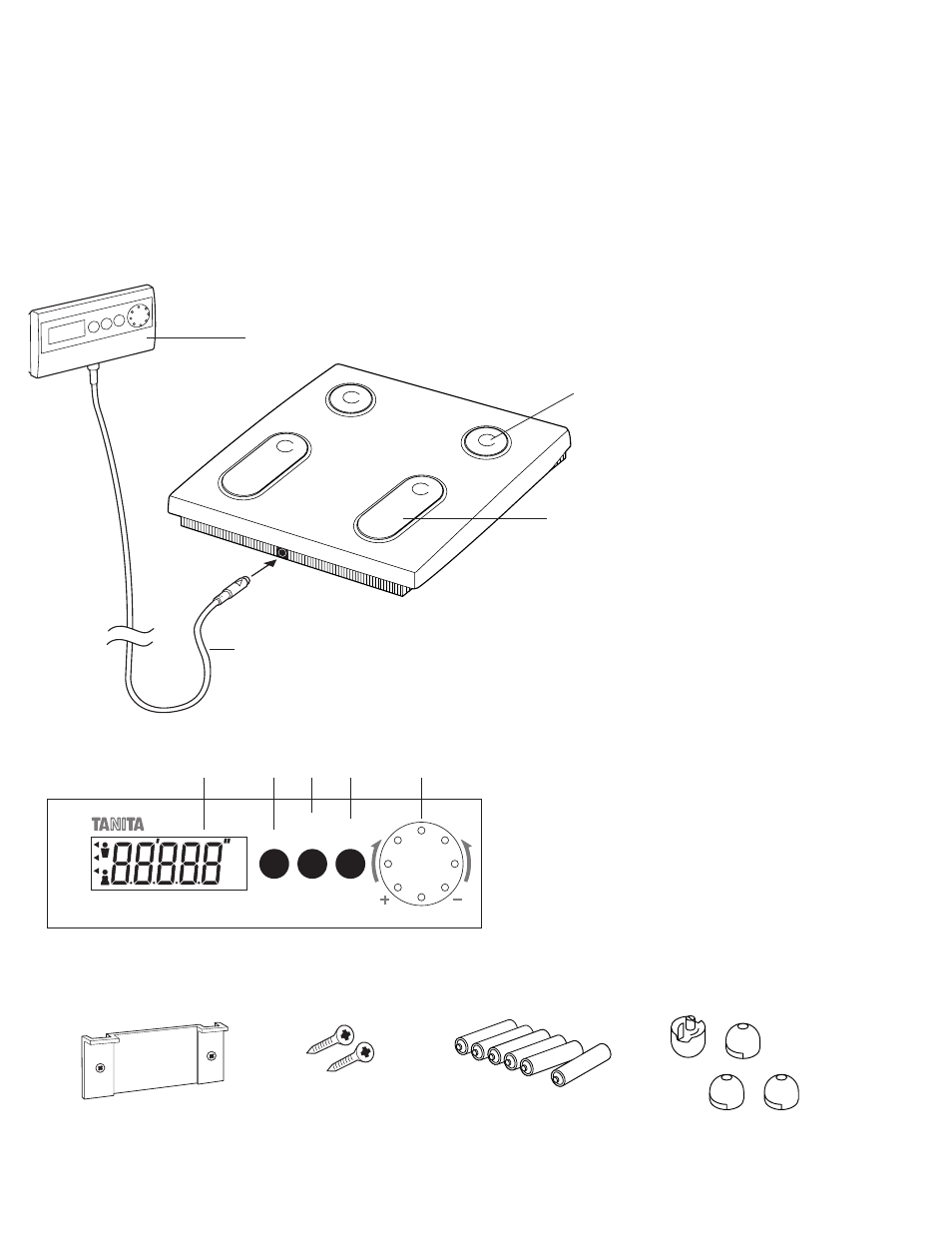 Package components, Features and functions, Measuring platform | Display unit, Accessories | Tanita TBF-521 User Manual | Page 5 / 12