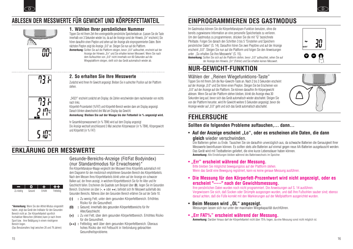 Fehlersuche, Einprogrammieren des gastmodus, Nur-gewicht-funktion | Tanita BF-666 User Manual | Page 10 / 30