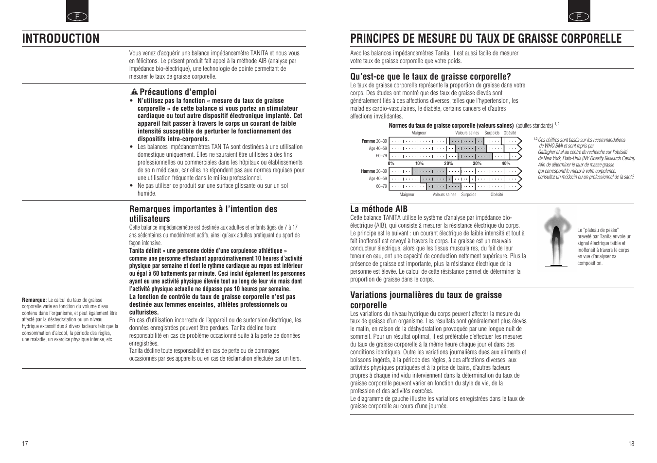 Principes de mesure du taux de graisse corporelle, Introduction, Qu’est-ce que le taux de graisse corporelle | La méthode aib, Précautions d’emploi | Tanita BF-666 User Manual | Page 11 / 30