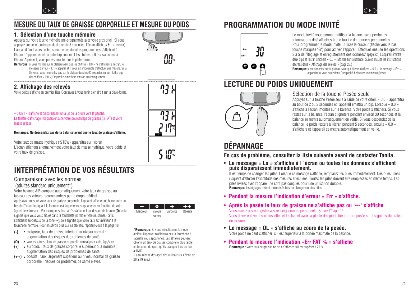 Dépannage, Programmation du mode invité, Lecture du poids uniquement | Tanita BF-666 User Manual | Page 14 / 30