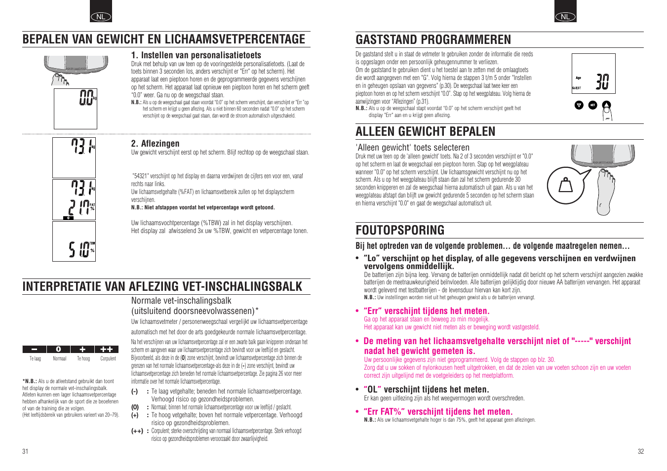 Foutopsporing, Alleen gewicht bepalen, Gaststand programmeren | Tanita BF-666 User Manual | Page 18 / 30