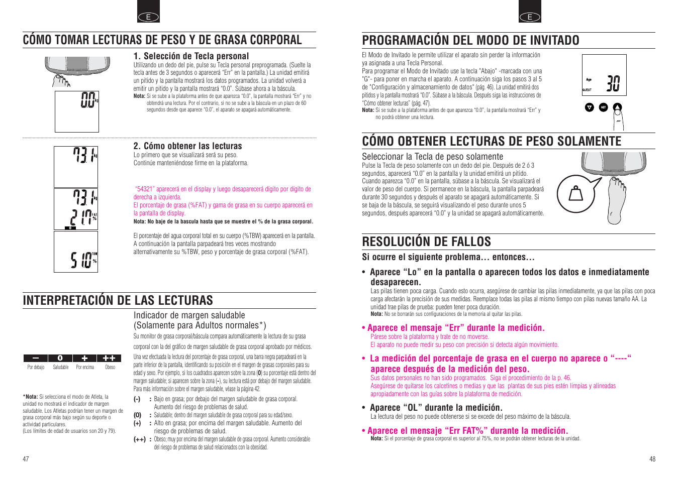 Resolución de fallos, Cómo obtener lecturas de peso solamente, Programación del modo de invitado | Tanita BF-666 User Manual | Page 26 / 30